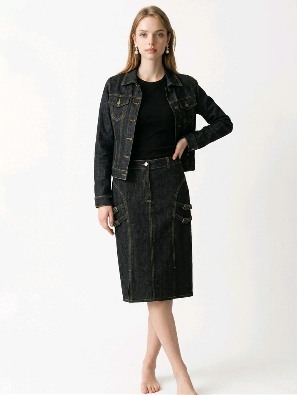 Blue Denim Midi Skirt with Decorative Strap Details